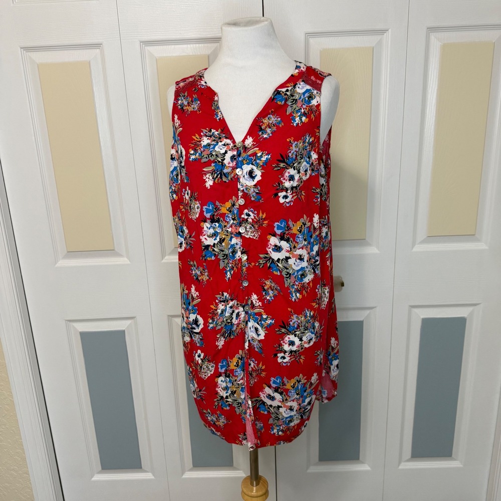 Fig and Flower Anthropologie Red Floral Print‎ Sleeveless Button Front Tunic M